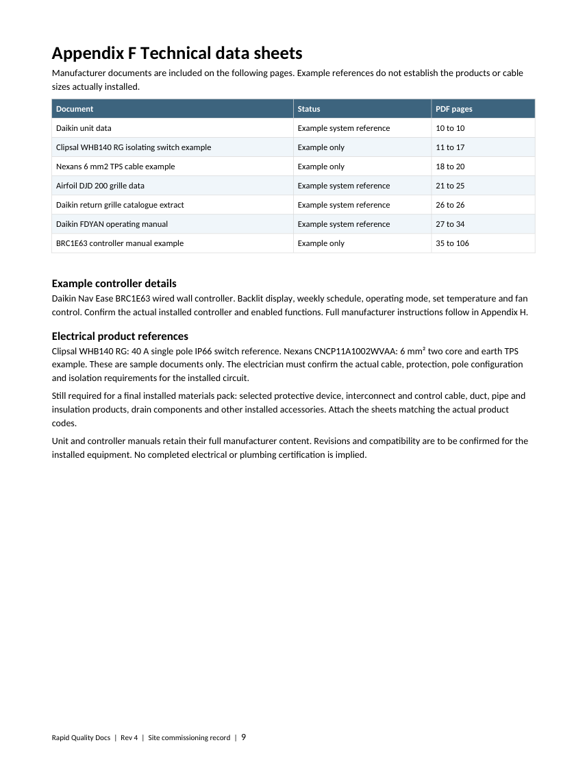 Example technical data and product information register